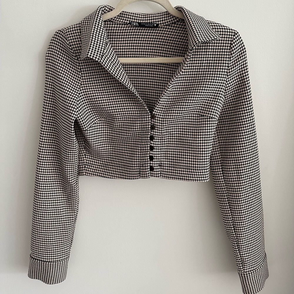 ZARA houndstooth cropped blazer top